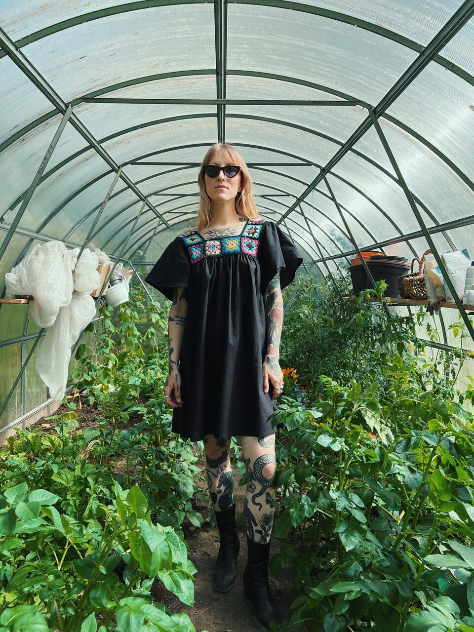 MIRALDA dress (short black granny square)  Folklore Reuse & Repair